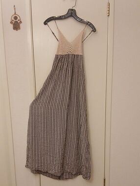 Alythea Beige Crochet Bodice Black Chevron Maxi Dress